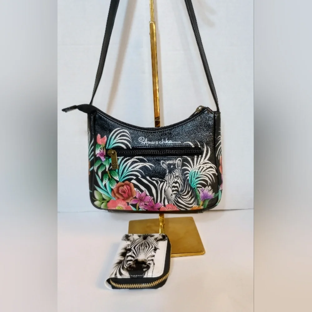 SOLD Anuschka Playful Zebras hand painted leather crossbody & wallet set NWOT - Picture 1 of 16